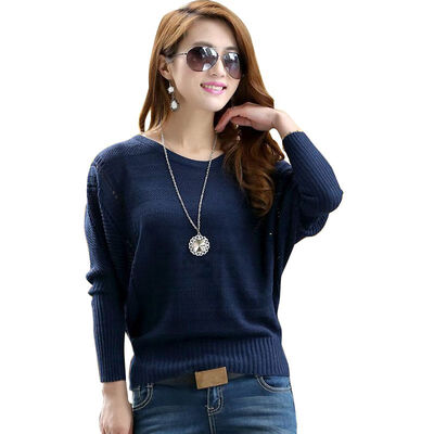

Women Autumn Winter Slim Sweater Solid Color Bat Sleeved Casual Wild Loose Thin Bottoming Tops