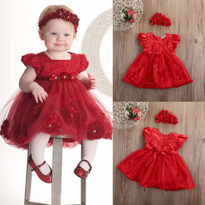 

Summer Baby Girls Red Floral Dresses Little Girl Mesh Tulle Short Sleeve Headband Wedding Party Headwear Outfit Clothes L1