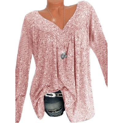 

Autumn Plus Size Causal Floral Print V Neck Long Sleeve Women Loose T-Shirt Top
