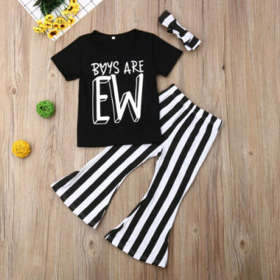 

Toddler Kid Baby Girl Top Striped Bell-Bottomed Pants 3Pcs Sunsuit Outfit Summer