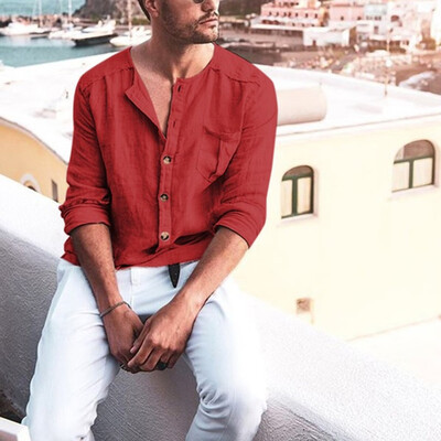 

Toponeto Mens Chest Pocket Solid Color Loose Comfy Long Sleeve Loose Casual Shirt Top