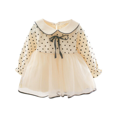 

Autumn Children Dot Pattern Dresses Kids Long-sleeve Girls Dress Sweet Lovely Mesh Stitching Bow Decoration Dress