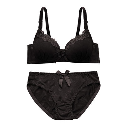 

2019 Fashion bow lace sexy deep V-neck push up underwear hot-selling vintage solid color bra set