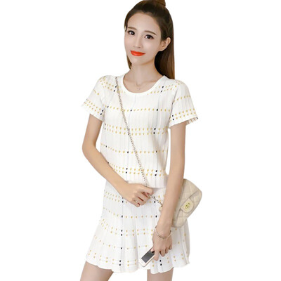 

2PCSSet Women Fashion Square Dot Crop Top Mini Skirt Short Sleeve O-Neck Knitted Two Piece Set Women Korea Style Plus Size