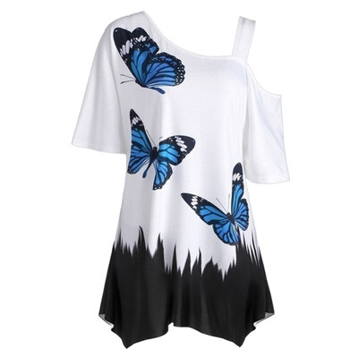 

Plus Size Women Butterfly Print T-shirt Cold Shoulder Short Sleeve Tunic Tee Top