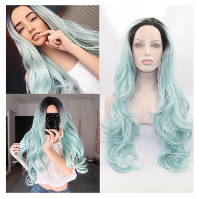 

Tailored Womens Fashion Front Lace Wig Blue Synthetic Hair Long Wigs Wave Curly Wig