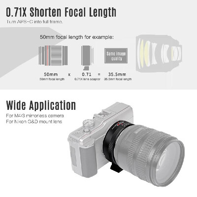 

Viltrox NF-M43X 071X Lens Mount Adapter Ring Focal Reducer Speed Booster 8 Aperture Manual Focus for Nikon G D Lens to use for Mi
