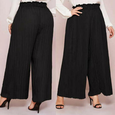 

Casual Womens Pure High Waist Pleated Pants Wide Leg Palazzo Elastic Trouser