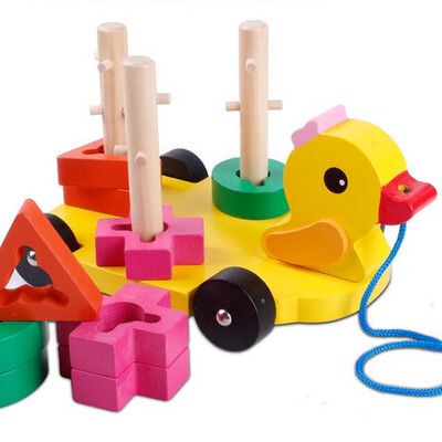 

YIWULAWooden Block Plate Wooden Toy Duck Pull Carriage Cannula Pillar Vehicle