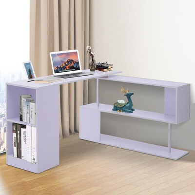 

Modern  Shaped Rotating Computer Desk with Shelves - White