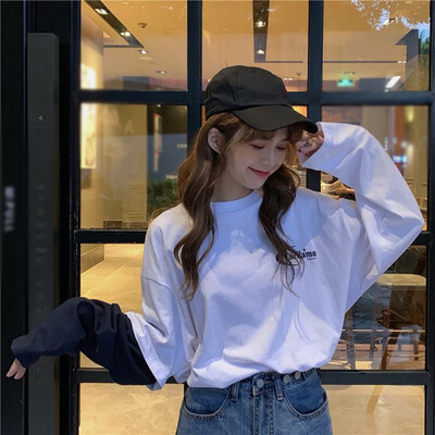 

Women Harajuku Style T-Shirts Small Fresh Fake Two-piece Pullovers T Shirts Long Sleeve O-Neck Loose FemaleTops