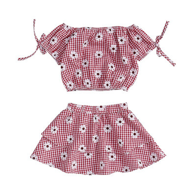 

Baby girl clothes summer set flower plaid bow sleeve top pleated skirt 2PCS for 1-6T
