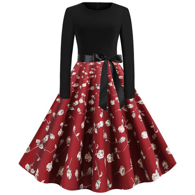 

Tailored Womens Vintage Print O-Neck Long Sleeve Frenulum Evening Party Swing Dress