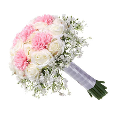 

Artificial Babysbreath Rose Bridal Wedding Bouquet With White Ribbon Real Touch For Wedding Home Party DIY Decoration