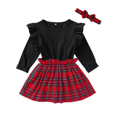 

Baby Girls Dress Sets Kids Flare Sleeve Patchwork Design Plaid Pattern Fashion Dresses Casual Sundress With Headband