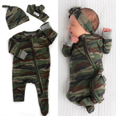 

Newborn Baby Boy Girl Winter Clothes Camo Zipper Romper BodysuitHeadbandHat