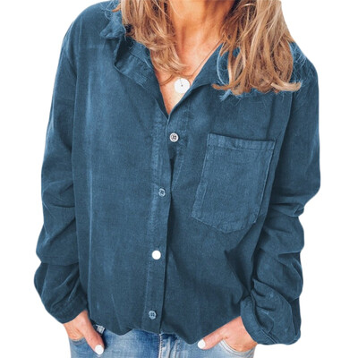 

Women Blouse Warm Corduroy New Vintage Long Sleeve V Neck Shirts Spring autumn Femme Solid Blouse Casual Tops