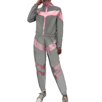 

Toponeto Women Casual Stitching Reflective Sports Set Long Sleeve Crop Tops Pants