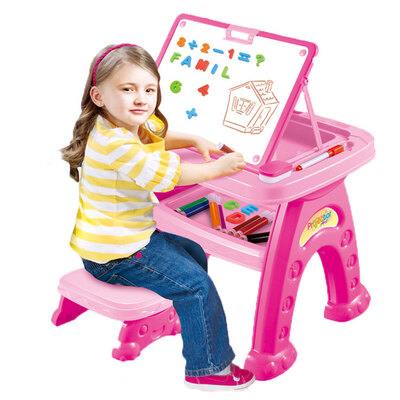 

Kids Standing Art Easel With Projection Height Adjustable Magnetic Alphabet Numbers Dry Erase Board Blue