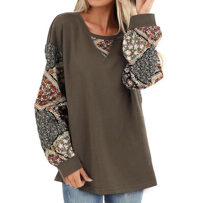 

Tailored Women Casual Boho Print Shirt Splice Long Sleeve Blouse Round Neck Loose Tops