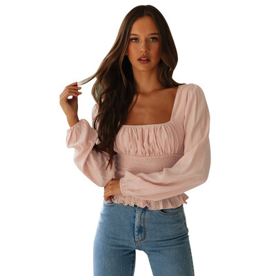 

Korean Sexy Slim Vintage Square Collar Long Sleeve Women Tops Fashion Trend Slim Solid Ruffled T-Shirt Women camiseta mujer