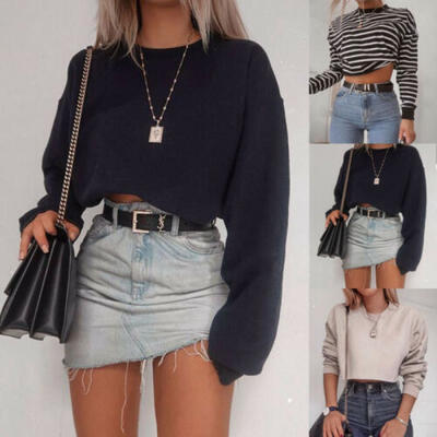 

New Womens Long Sleeve Crop Tops Sweatshirt Pullover Casual T-shirt Blouse UK
