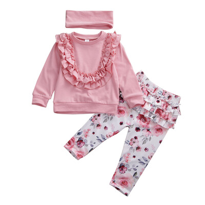 

Flower Baby Girls Kids Ruffle Tops Pullovers Pants Trousers Headband Clothes