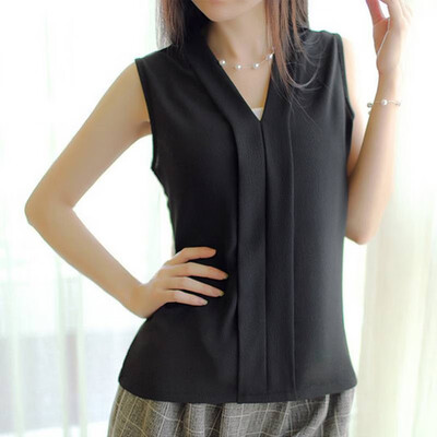 

2017 Spring Summer Women Chiffon Blouses Sexy Sleeveless V neck Woman Casual Loose Office Lady Top Female Shirt Blouse Female