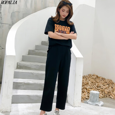 

Womens Fashion O-Neck Letter Pattern Top And Ankle-Length Pants Set Pullover Sweet Women 2 Pieces Set