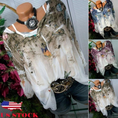 

US Summer Women&acutes Blouse T Shirt V Neck Long Sleeve Button Tee Casual Slim Tops