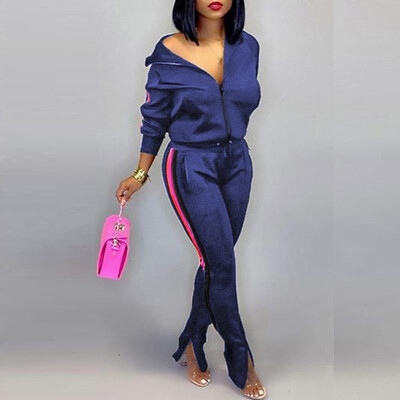 

Women Bomber Jacket Pants Set Zip Up Striped Side Slit Bottom Spring Sporty Casual Coat Trousers 2PCS