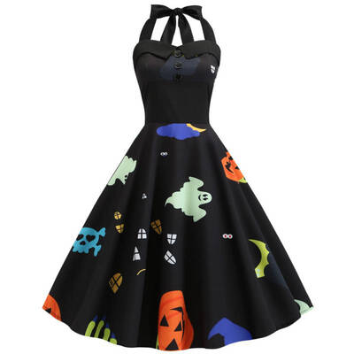 

Womens Fashion New Halloween Vintage Dress Hanging Neck Print Big Swing Sexy Dress high waist Dress