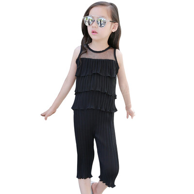 

2pcs Summer Baby Girls Fashion See-through Sleeveless Solid Print T-shirt TopsCropped trousers Children Kids Girl Costume Set