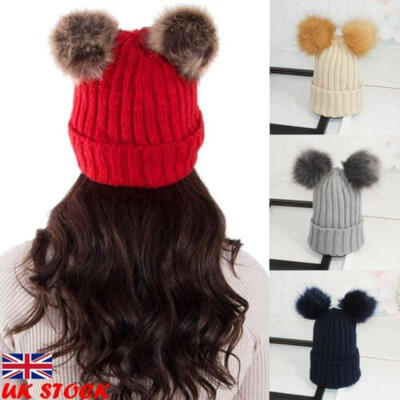 

Women Ladies Winter Beanie Cap with Chunky Knitted Double Fur Bobble Pom Pom Hat