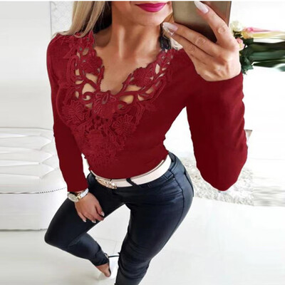 

Tailored Womens Solid Long Sleeve Lace Knit V-Neck Blouse Tops