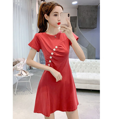 

Sexy Temperament Women Dress Solid Color Wild Round Collar Strap Waist Slim Shirts Short Sleeve Pleat Casual Female Dress