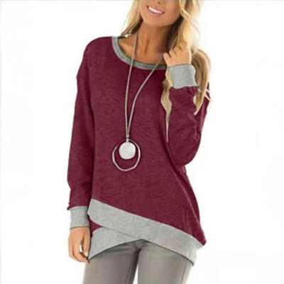 

Round Collar Long Sleeve T-shirt Women Casual Patchwork Irregular Tops