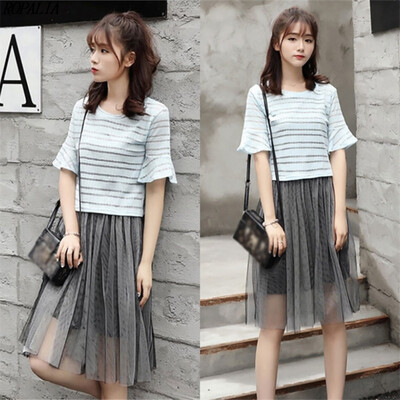 

Womens Korean Style O-Neck Solid Top And Mesh Sling Spaghetti Strap Dress 2 Pieces Set