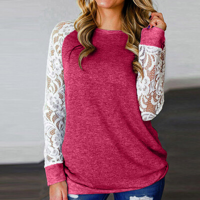 

Tailored Women Fashion Lace Floral Splicing O-Neck Long Sleeve T-Shirt Blouse Tops