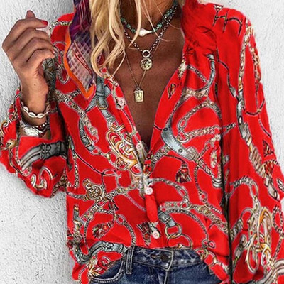 

Autumn Fashion Women Blouse Sexy Long Sleeve Boho Street Style Printed Blouse Loose Shirt Top