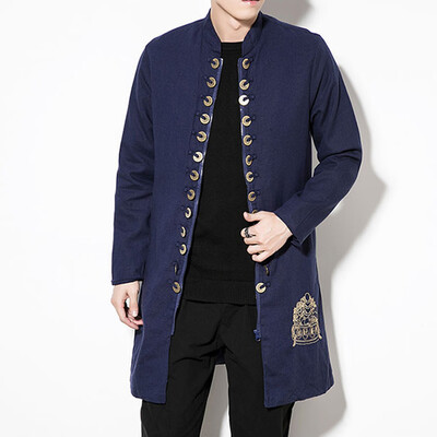 

Toponeto Mens Autumn Solid Color Copper Money Decorative Zipper Long Cardigan Coat