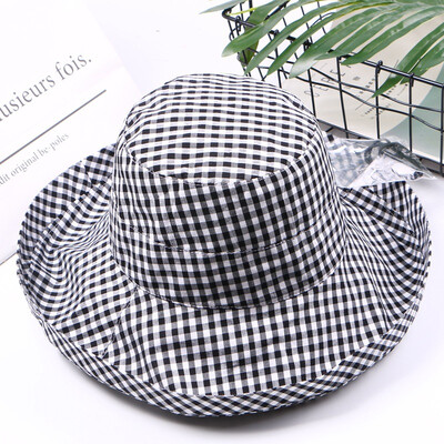 

Spring&summer visor Hat fisherman Hat Plaid casual Joker travel large brim folding fashion Hat women