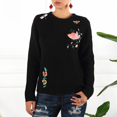 

Tailored Women O Neck Solid Long Sleeve Embroidery Knitted Sweaters Casual Blouse Tops