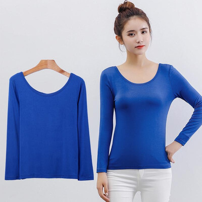 

Fashion Women Modal Bottom T-shirt Long Sleeve O-neck Solid Color Stretch Thin Slim Basic Tee Tops Casual Pullovers Blouse