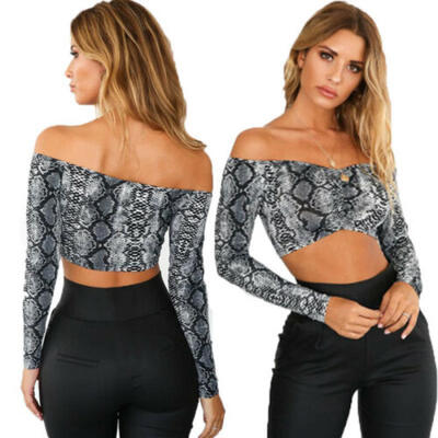 

UK Stock Sexy Women Snake Skin T-shirt Long Sleeve Crop Top Off Shoulder Blouse