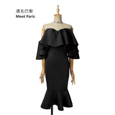 

Sexy lady temperament ruffled off shoulder fishtail slim hip medium dress