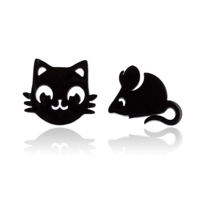 

1 Pair Creative Asymmetry Cartoon Cat Mouse Stainless Steel Stud Earring Women