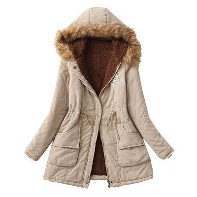 

Winter Women Warm Long Sleeve Coat Faux Fur Collar Hooded Zipper Button lace Up Parka Outwear