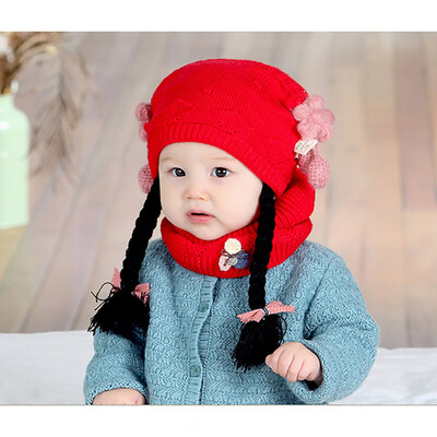 

2PCSSet Winter Baby Girl Warmer Scarf Hat With Braid Design Infant Collar Neckerchiefs Headwear Cartoon Scarf Hat Set