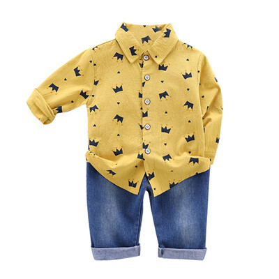 

Autumn Children kids 2pcs CLothes Set Baby Boys Casual Long Sleeve Crown Print Blouse TopsDenim Pants Trouser Costume Set